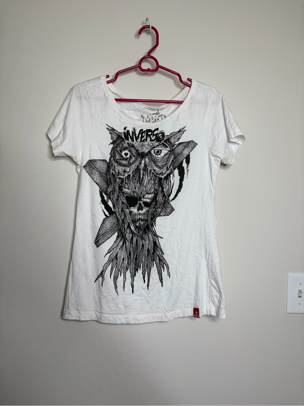 White Graphic Tee with Black owl Skull Design punk biker